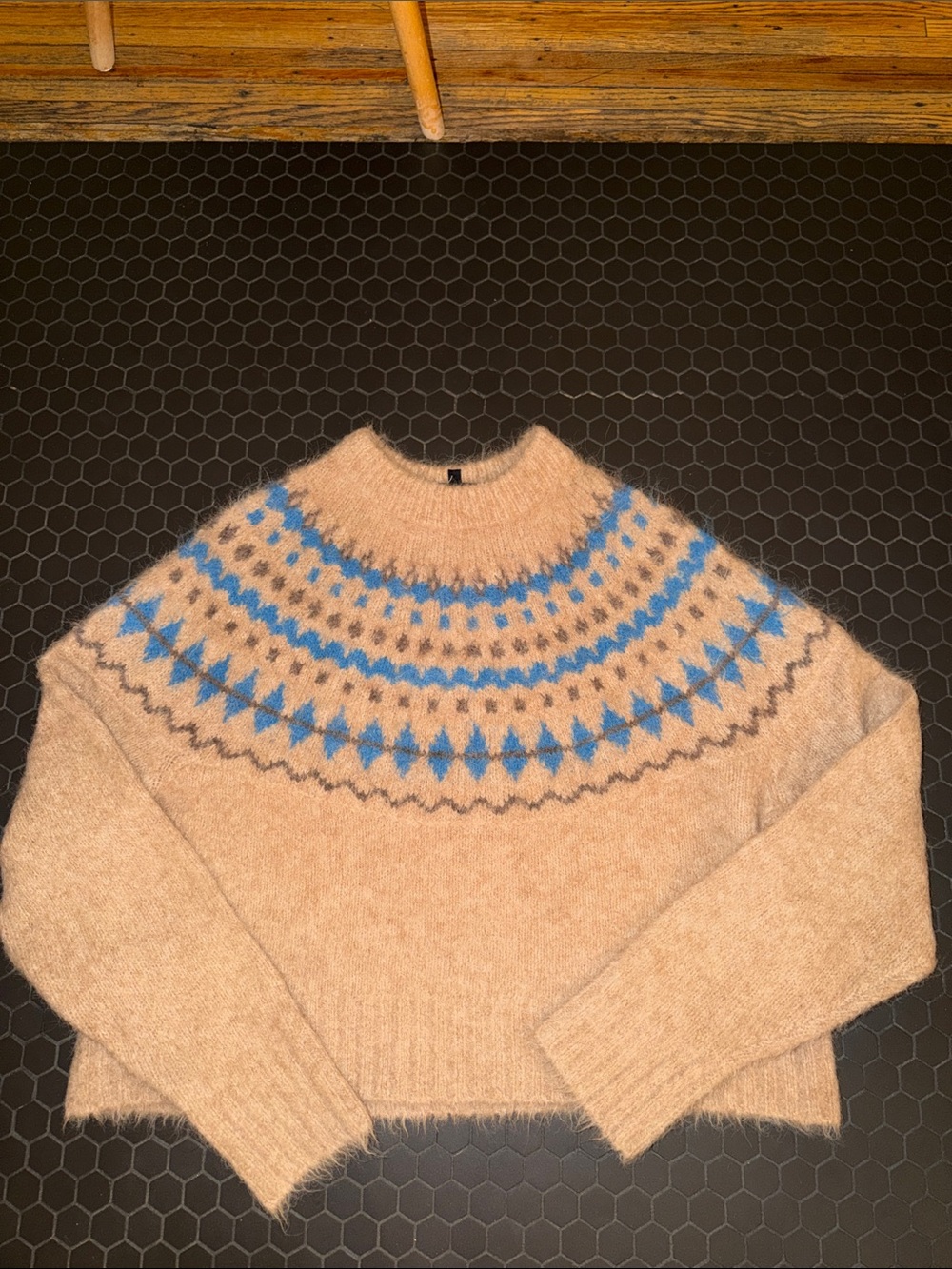 Cozy soft Camel Wool Fair Isle Crewneck Sweater with Blue Accents
